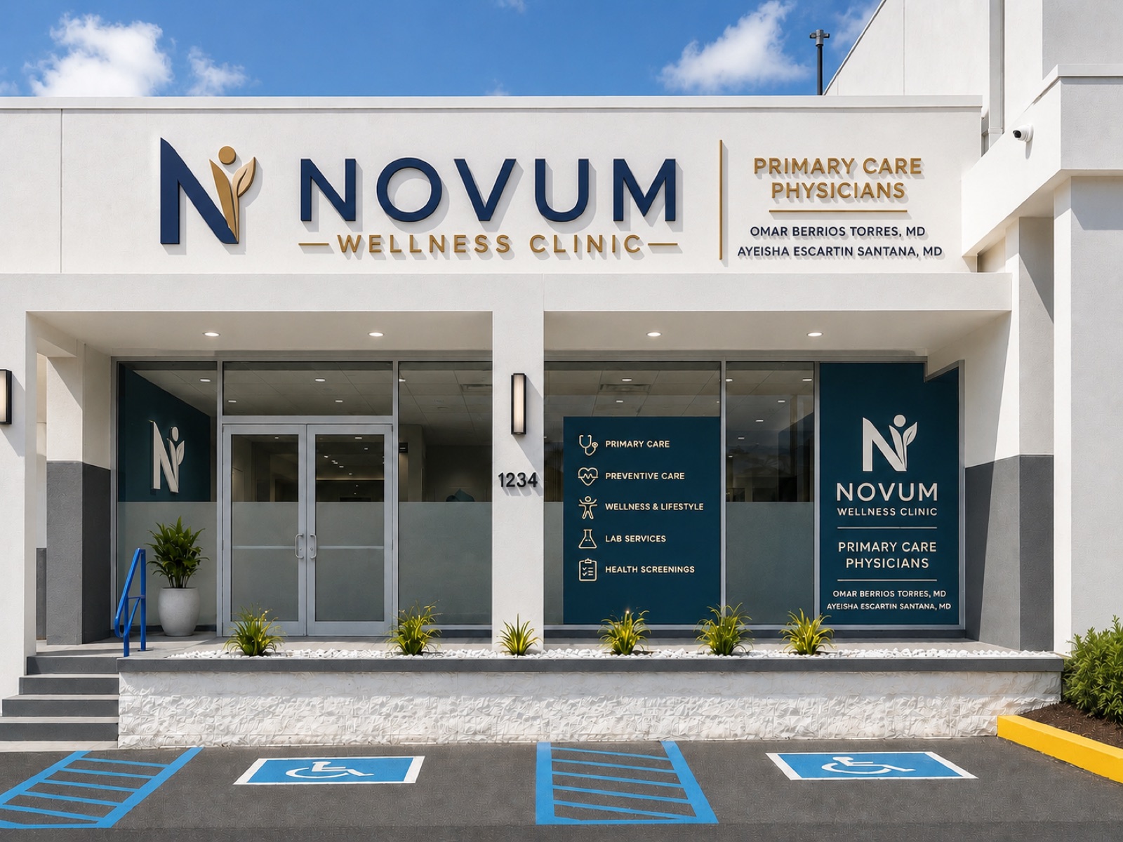 Fachada y entrada de Novum Wellness Clinic, con el Dr. Omar Berrios Torres y la Dra. Ayeisha Escartín Santana como Médicos de Atención Primaria